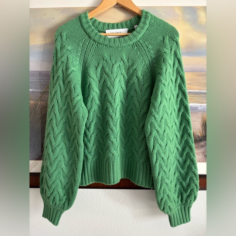 Equipment Stefania Cable-Knit Crewneck Wool Sweater Raglan Sleeves Large